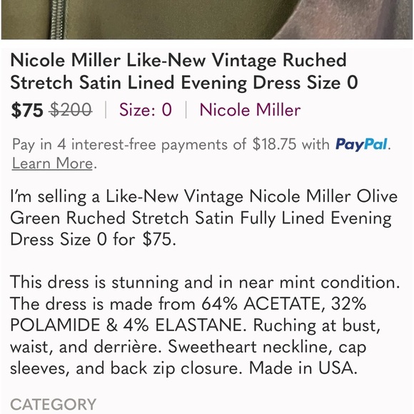 nicole miller satin vintage olive green ruched dress size 6 - Picture 6 of 6